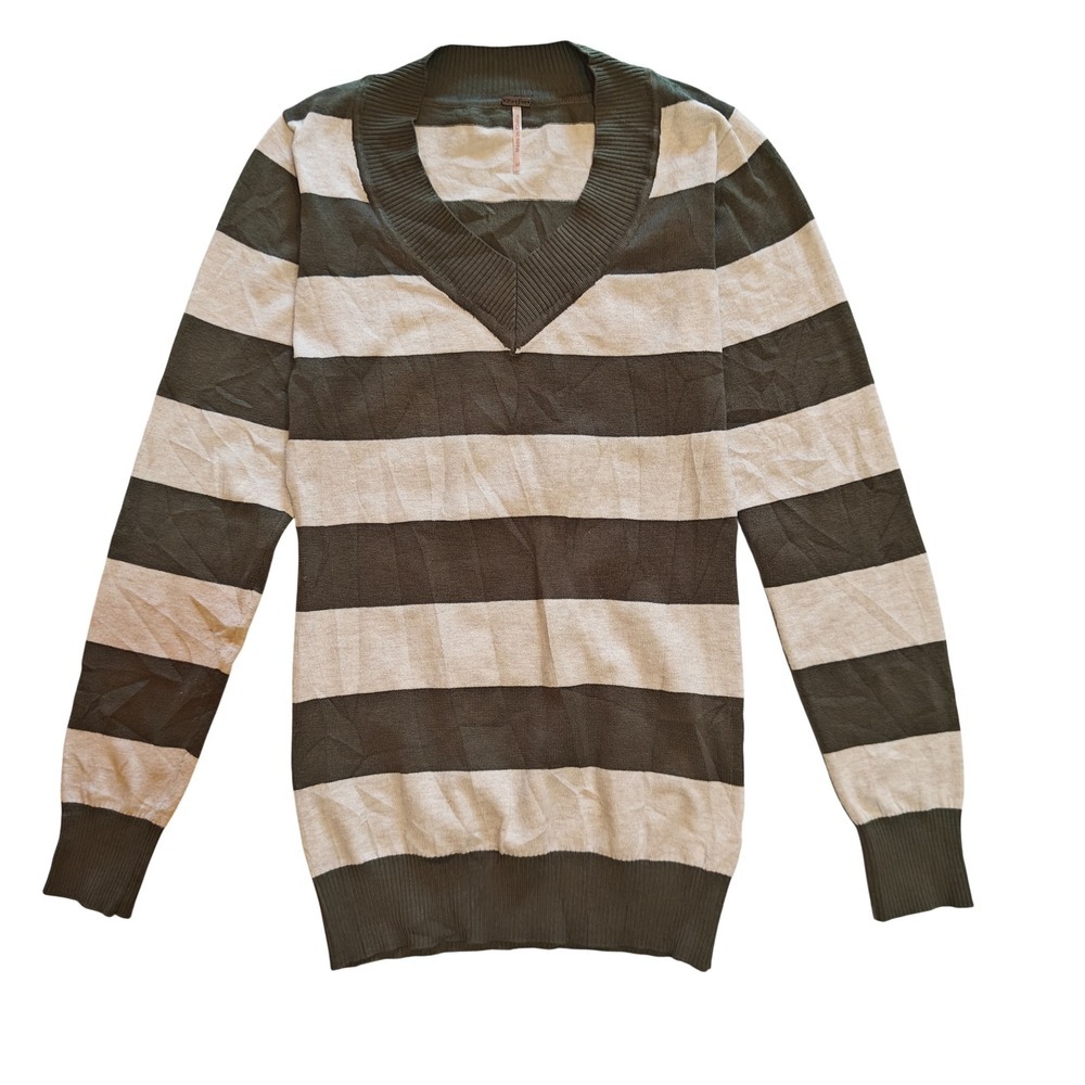 Poof! Womens Olive Green Cream Striped V-Neck Sweater Size M 05625-BLG